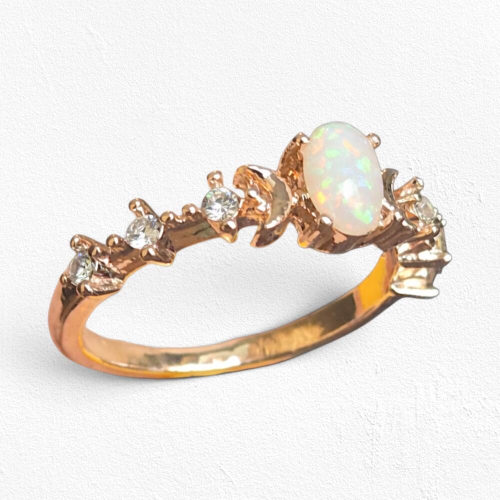 Boutique White Synthetic Opal Moon Rose Gold Tone Boho Ring Size 6 NIB